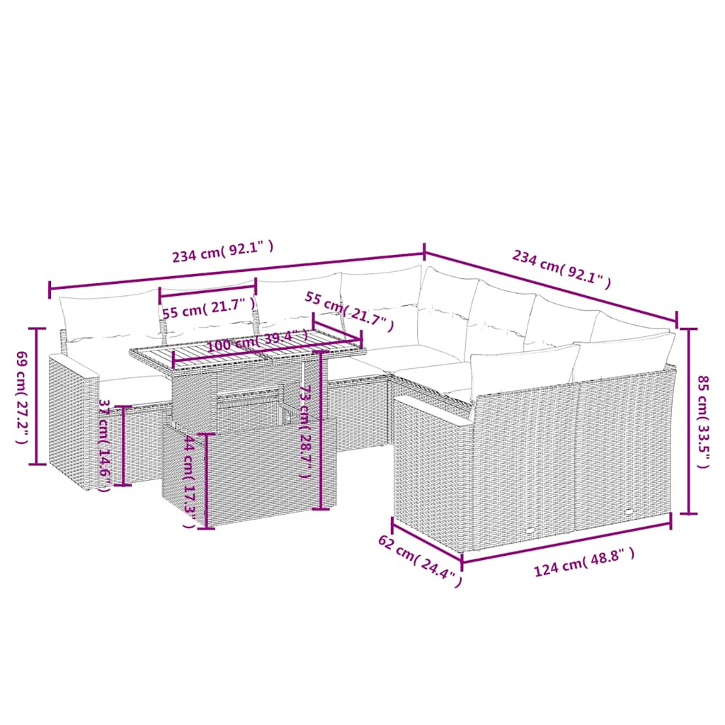Set Divani da Giardino 9 pz con Cuscini Nero in Polyrattan | homemem39