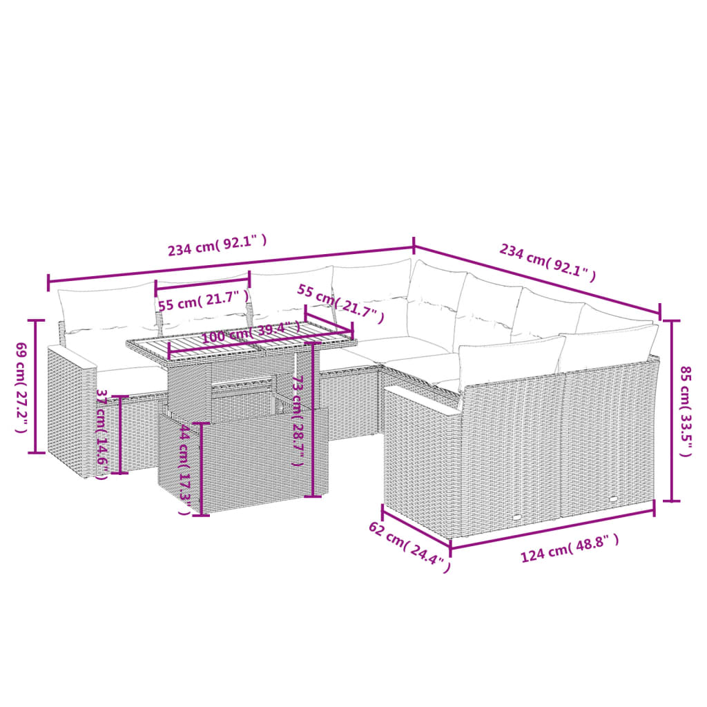 Set Divani da Giardino 9 pz con Cuscini Nero in Polyrattan | homemem39