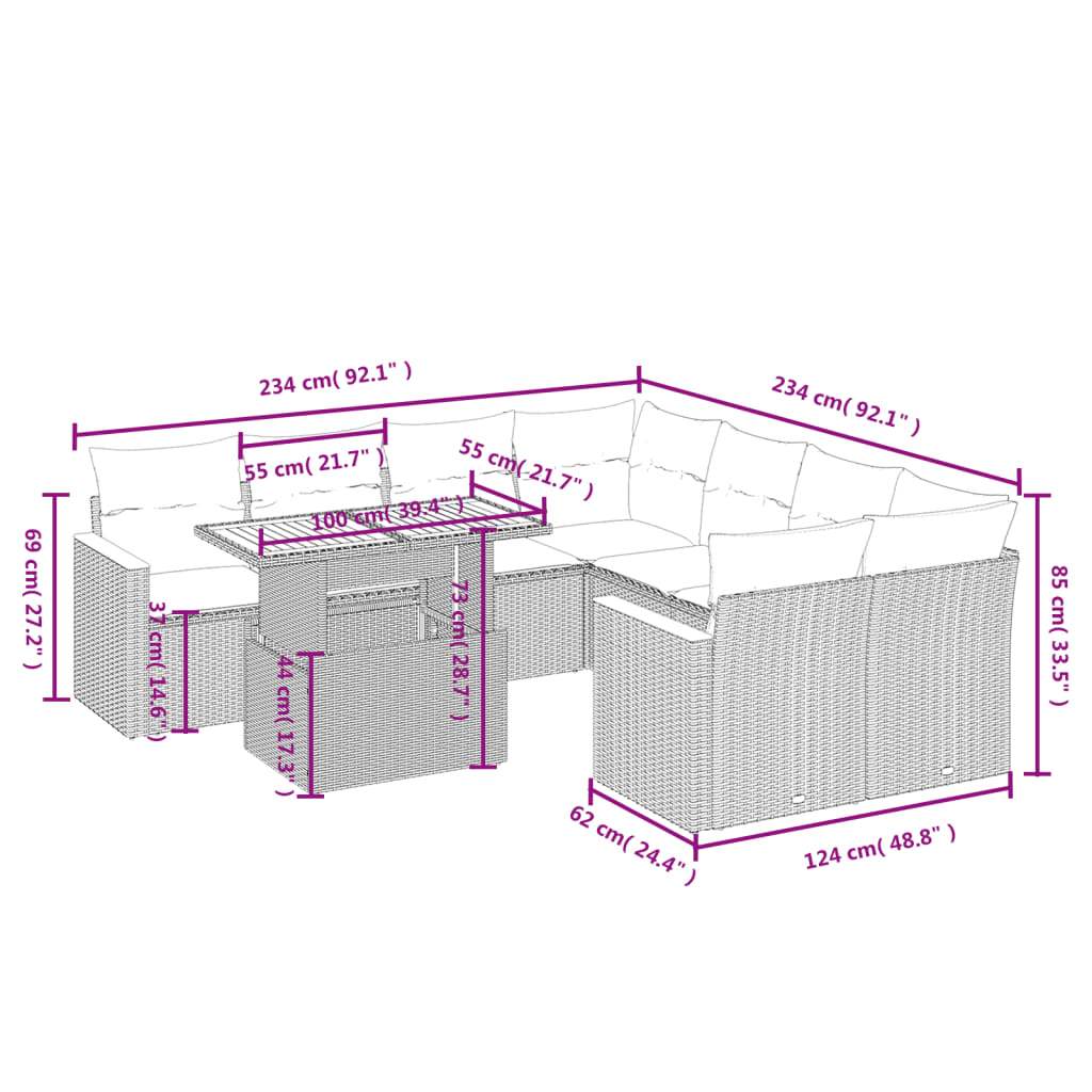 Set Divano da Giardino 9 pz con Cuscini Beige in Polyrattan | homemem39