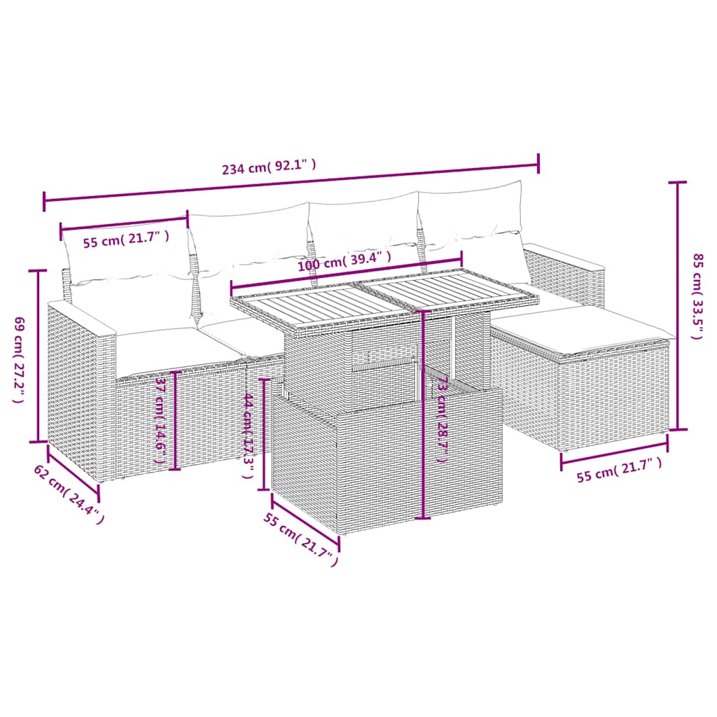Set Divano da Giardino 6 pz con Cuscini Nero in Polyrattan | homemem39
