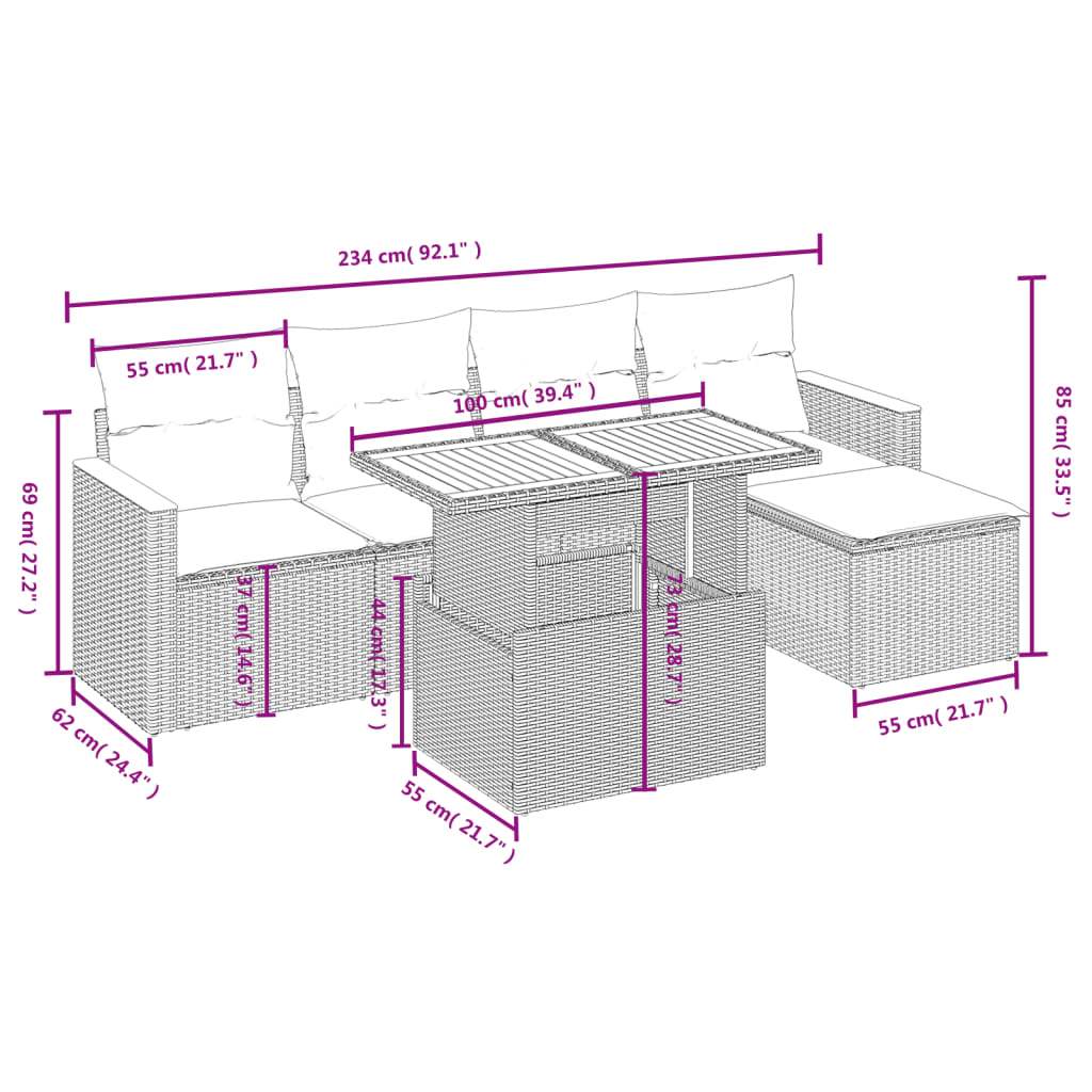 Set Divano da Giardino 6 pz con Cuscini Nero in Polyrattan | homemem39