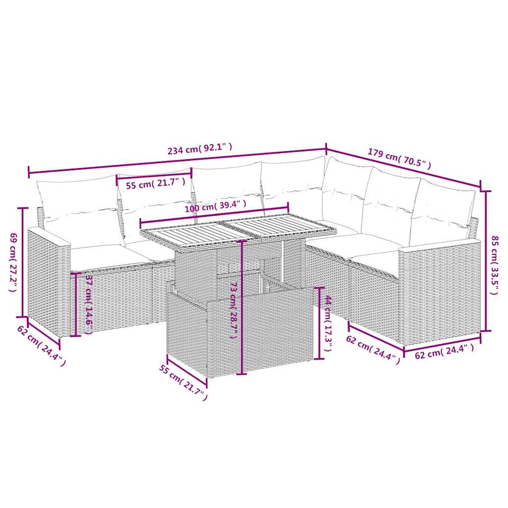 Set Divani da Giardino 7 pz con Cuscini Beige in Polyrattan | homemem39