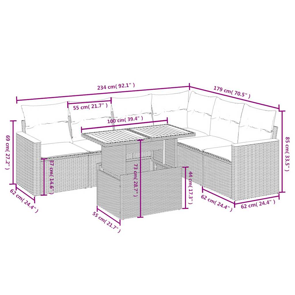 Set Divani da Giardino 7 pz con Cuscini Grigio in Polyrattan | homemem39