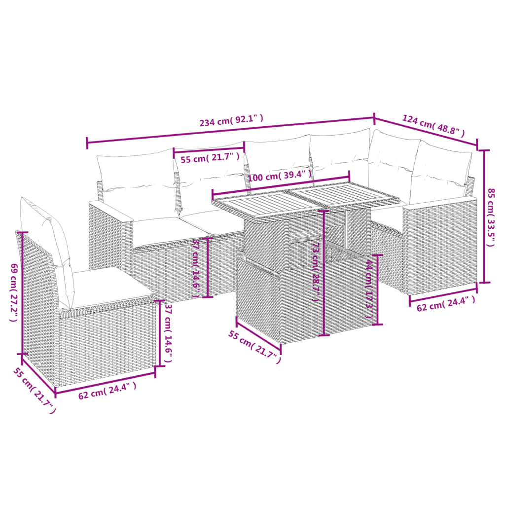 Set Divani da Giardino 7 pz con Cuscini Grigio in Polyrattan | homemem39