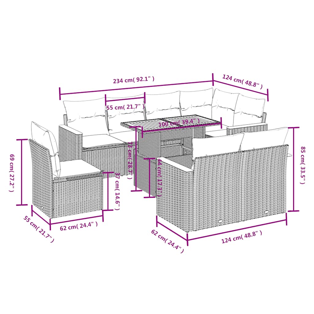 Set Divani da Giardino 9 pz con Cuscini Nero in Polyrattan | homemem39