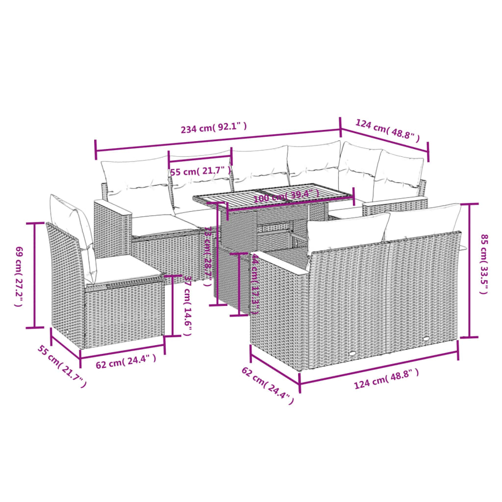 Set Divano da Giardino 9 pz con Cuscini Grigio in Polyrattan | homemem39