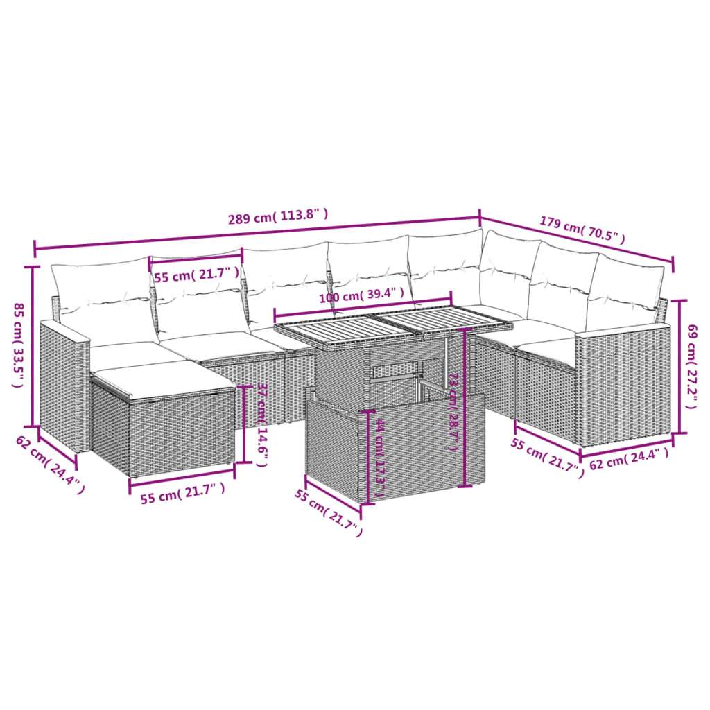 Set Divano da Giardino 9 pz con Cuscini Beige in Polyrattan | homemem39