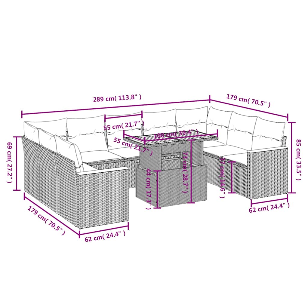 Set Divani da Giardino 10pz con Cuscini in Polyrattan Nero | homemem39