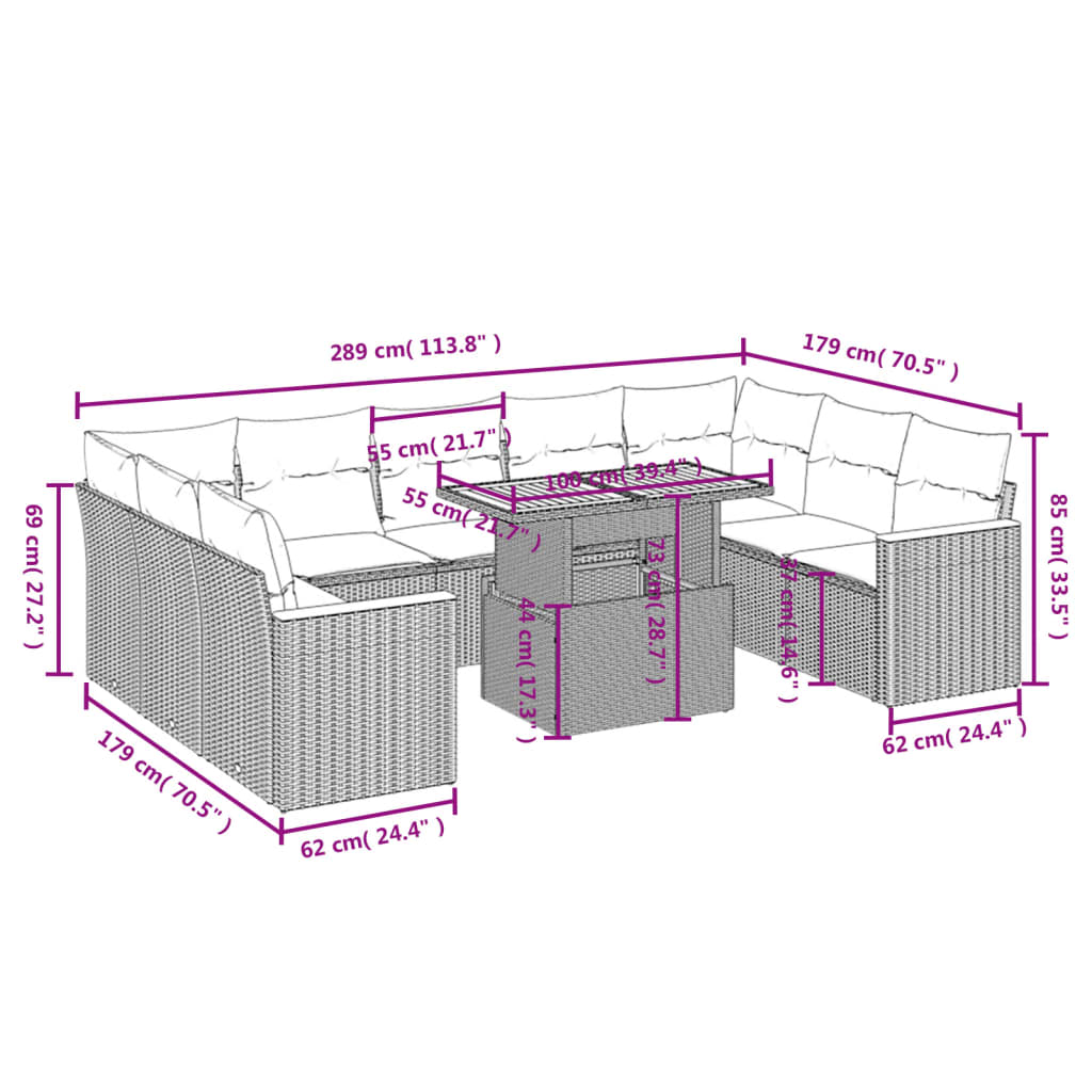 Set Divani da Giardino 10pz con Cuscini in Polyrattan Nero | homemem39