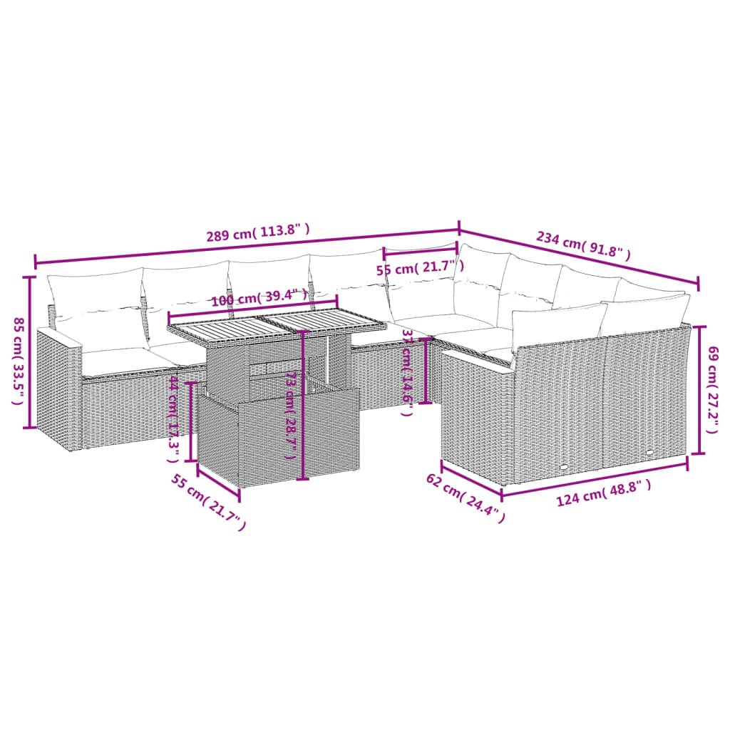 Set Divano da Giardino 10 pz con Cuscini Beige in Polyrattan | homemem39