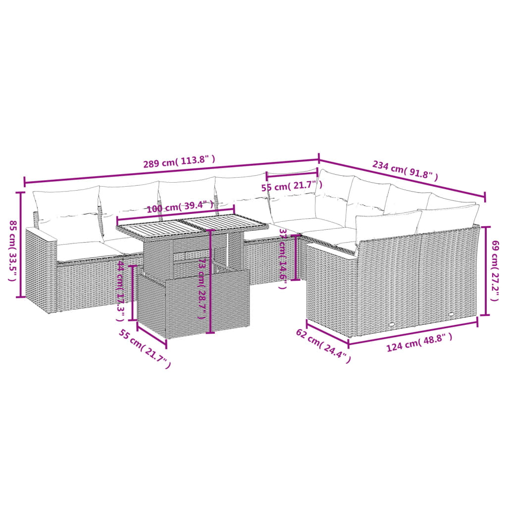 Set Divano da Giardino 10 pz con Cuscini Grigio in Polyrattan | homemem39