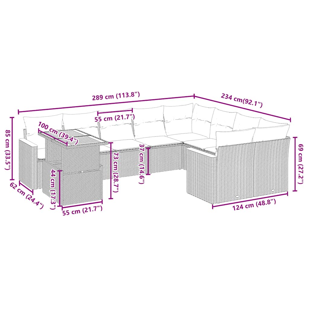 Set Divano da Giardino 10 pz con Cuscini Beige in Polyrattan | homemem39