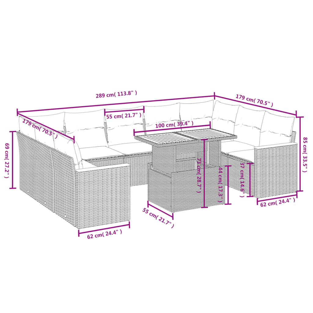 Set Divani da Giardino 11 pz con Cuscini in Polyrattan Nero | homemem39
