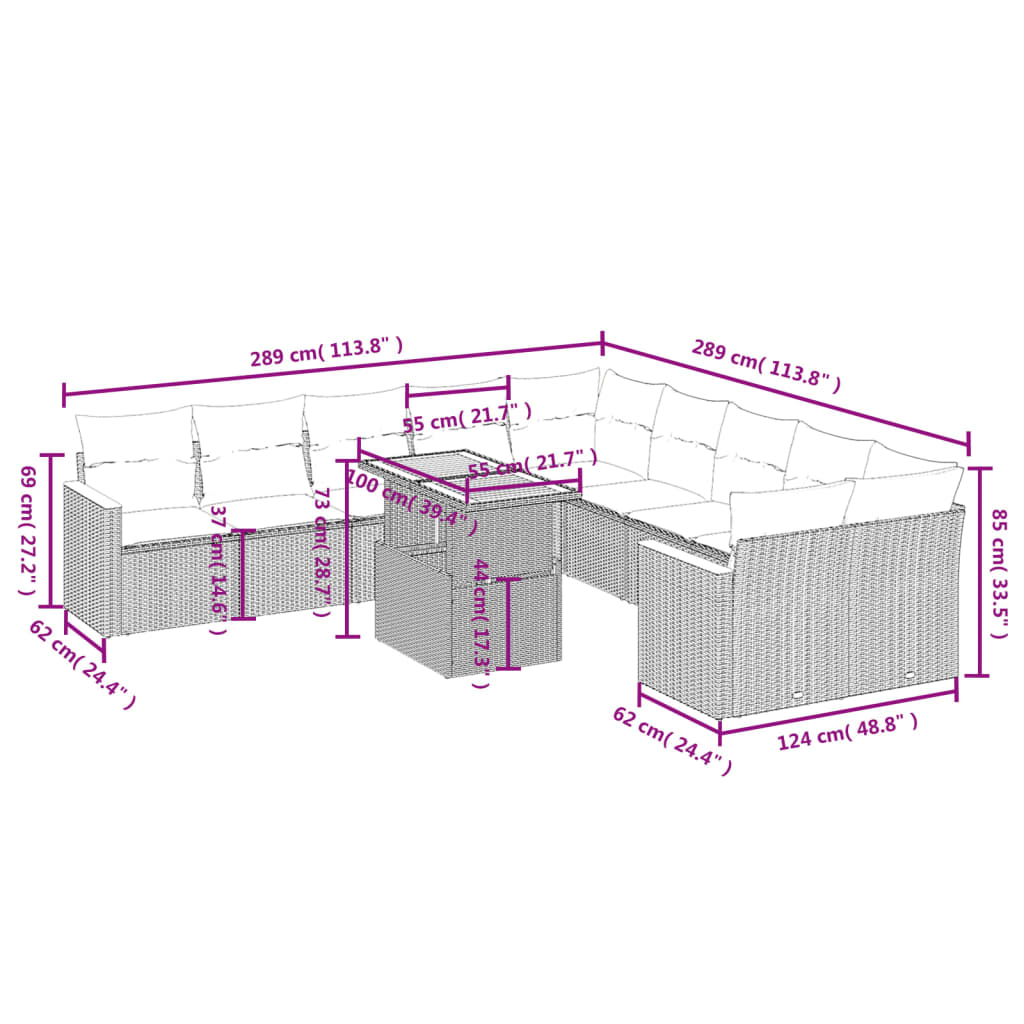 Set Divani da Giardino 11 pz con Cuscini in Polyrattan Grigio | homemem39