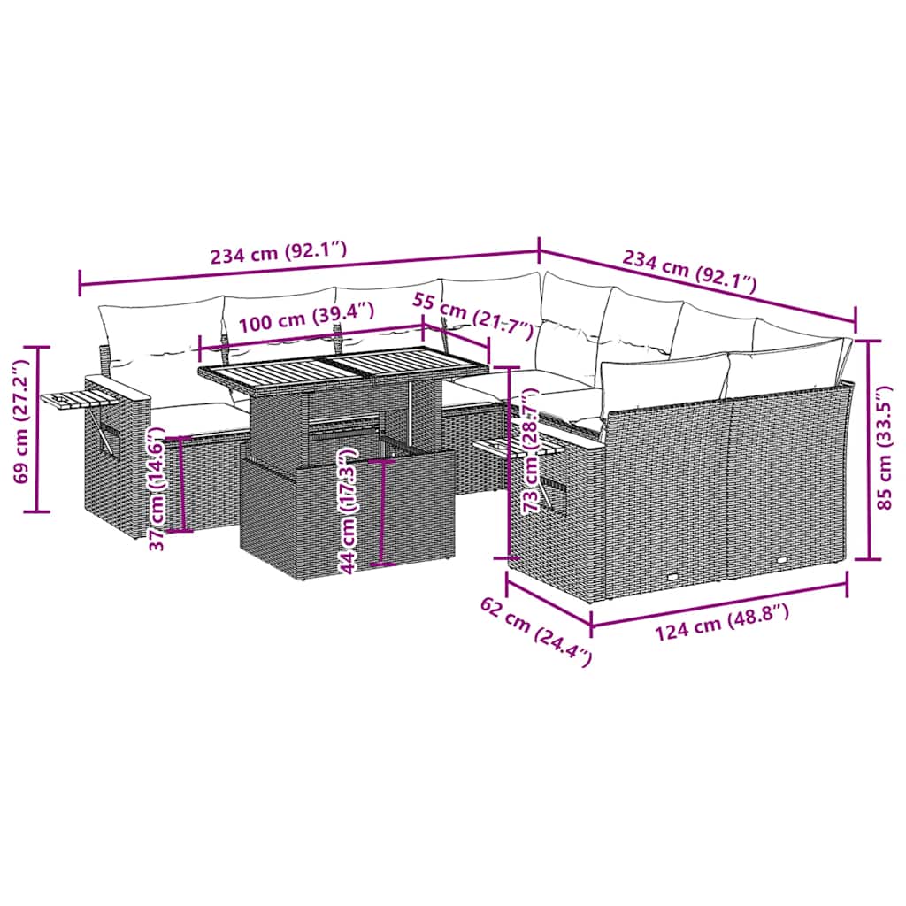 Set Divani da Giardino 9 pz con Cuscini Nero in Polyrattan | homemem39