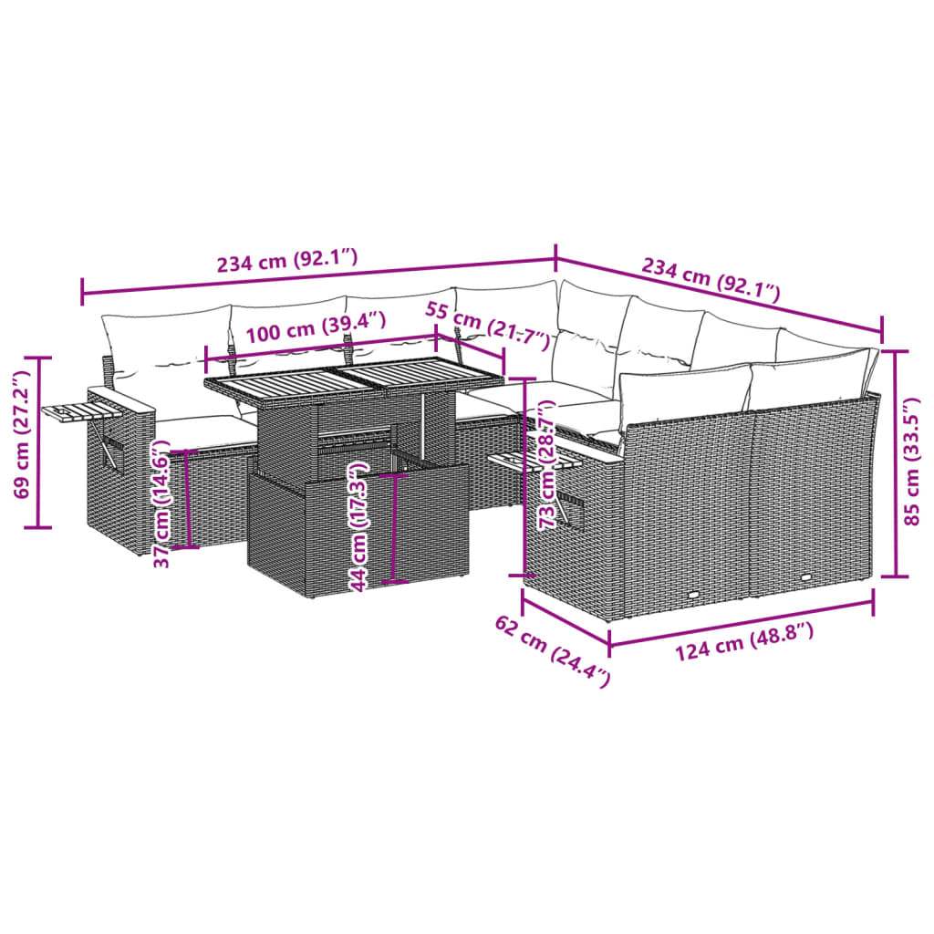 Set Divani da Giardino 9 pz con Cuscini Nero in Polyrattan