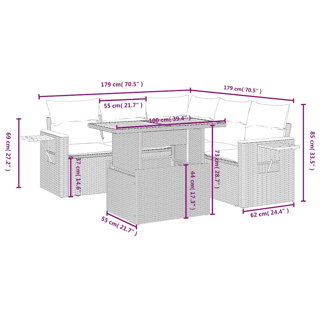 Set Divano da Giardino 6 pz con Cuscini Nero in Polyrattan | homemem39