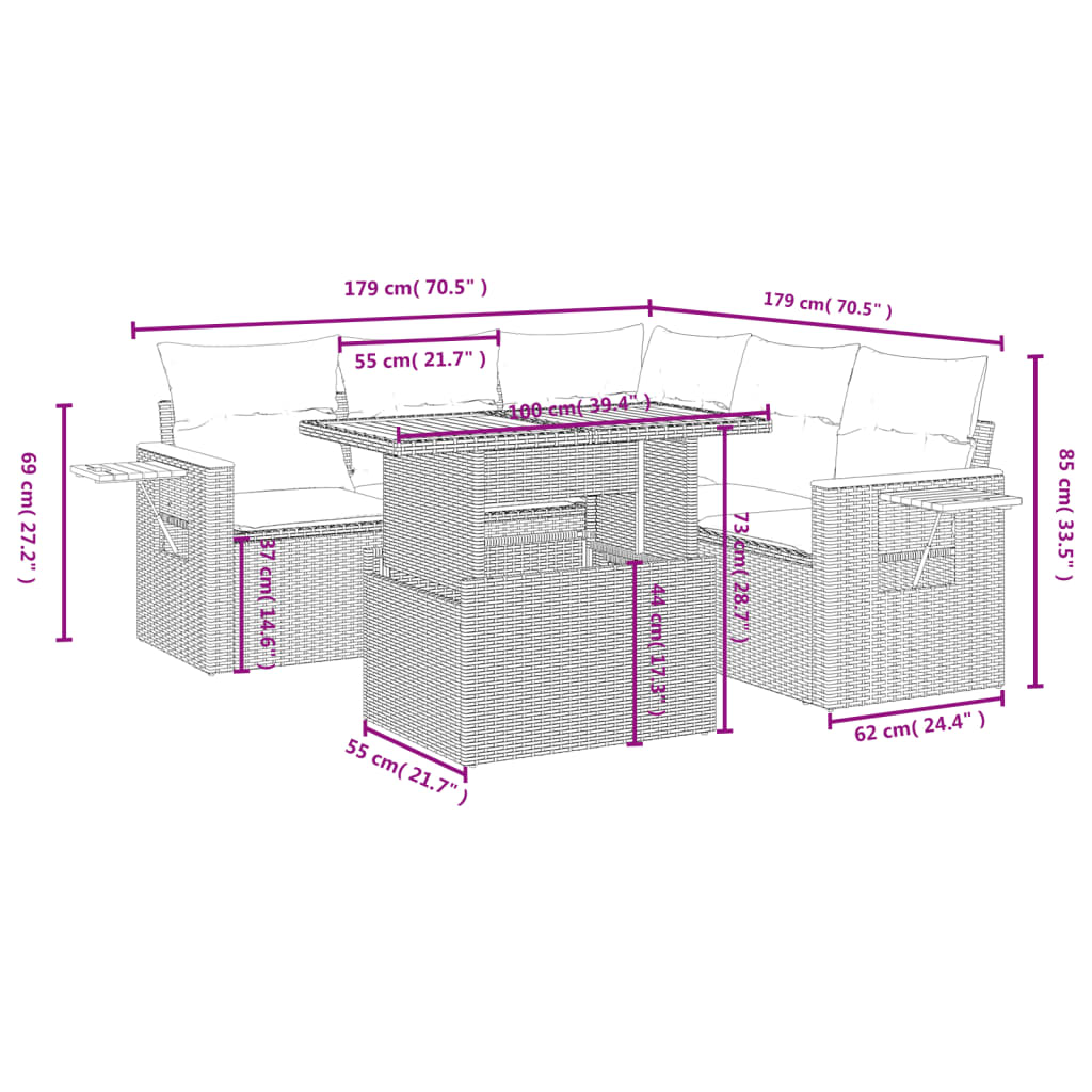 Set Divano da Giardino 6 pz con Cuscini Nero in Polyrattan | homemem39