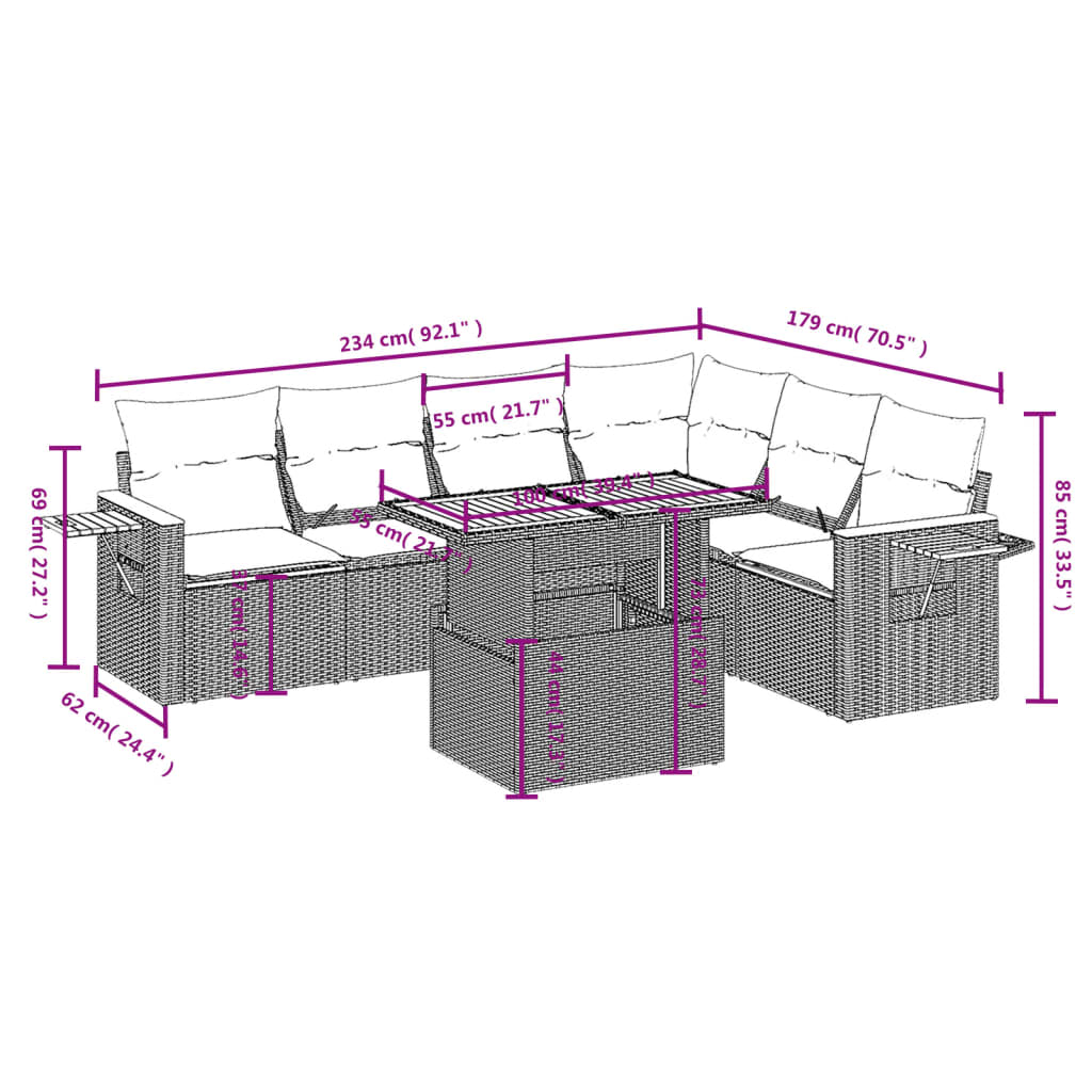 Set Divani da Giardino 7 pz con Cuscini Beige in Polyrattan