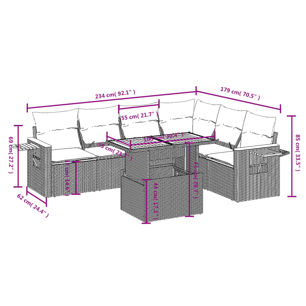 Set Divani da Giardino 7 pz con Cuscini Grigio in Polyrattan | homemem39