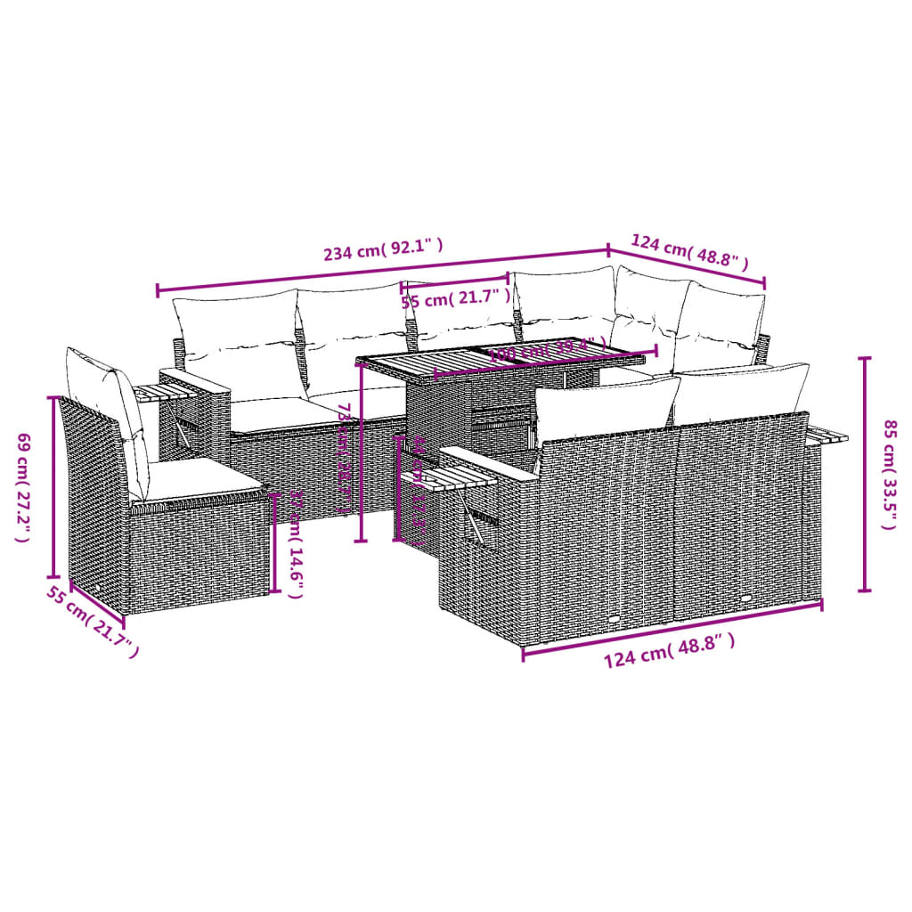 Set Divano da Giardino 9 pz con Cuscini Beige in Polyrattan