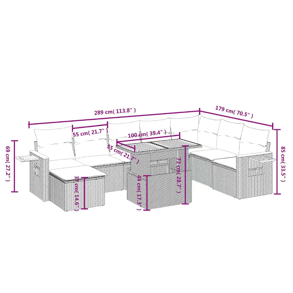 Set Divani da Giardino 9 pz con Cuscini Nero in Polyrattan | homemem39