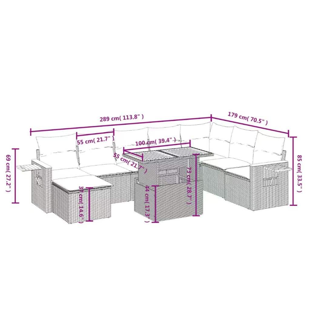 Set Divani da Giardino 9 pz con Cuscini Nero in Polyrattan | homemem39