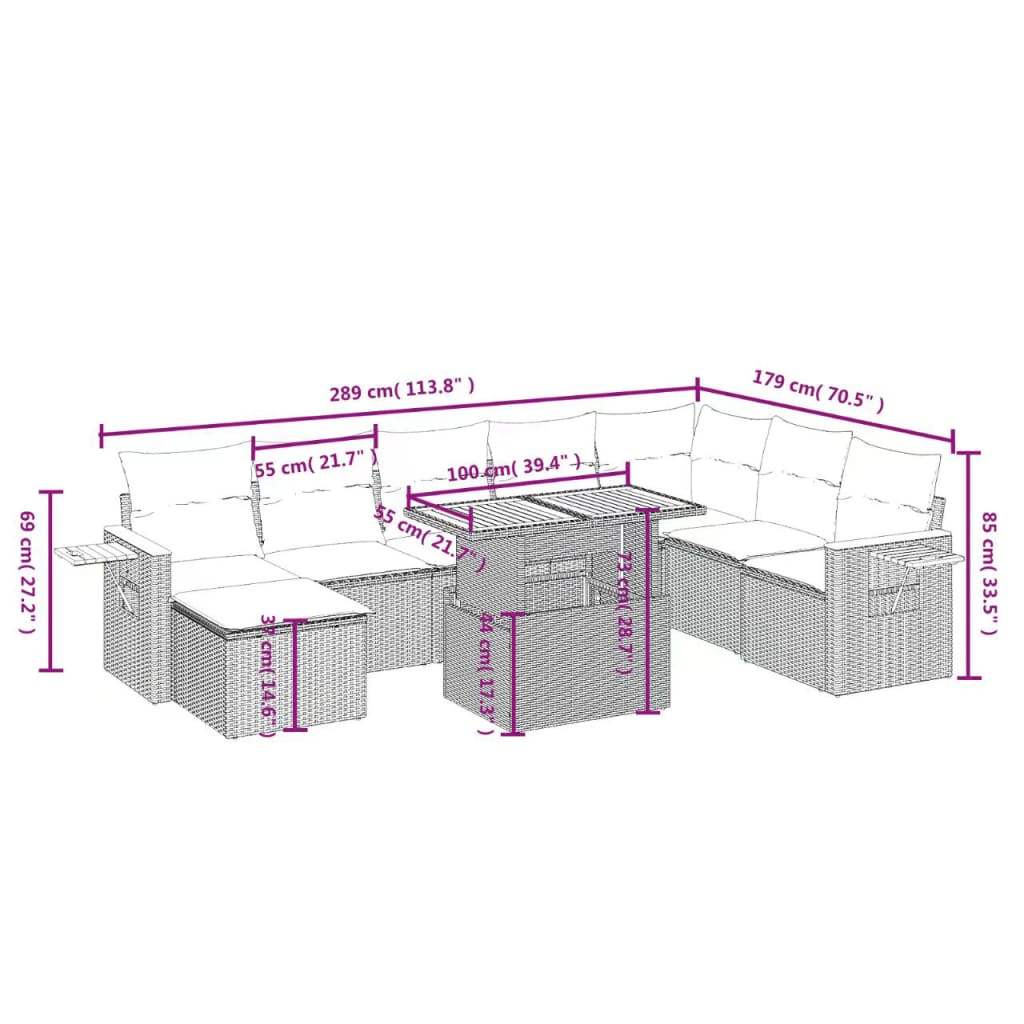 Set Divano da Giardino 9 pz con Cuscini Beige in Polyrattan | homemem39