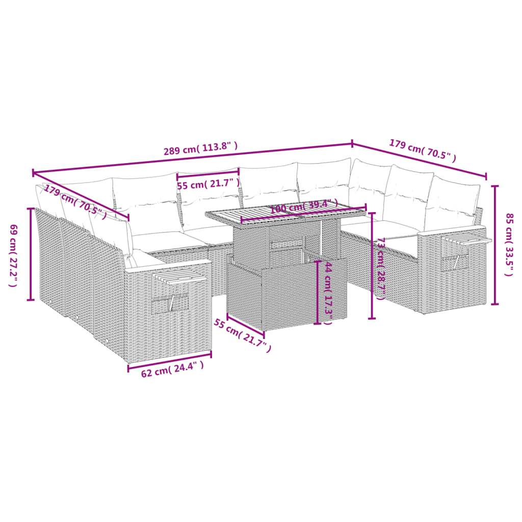 Set Divano da Giardino 10 pz con Cuscini Grigio in Polyrattan | homemem39