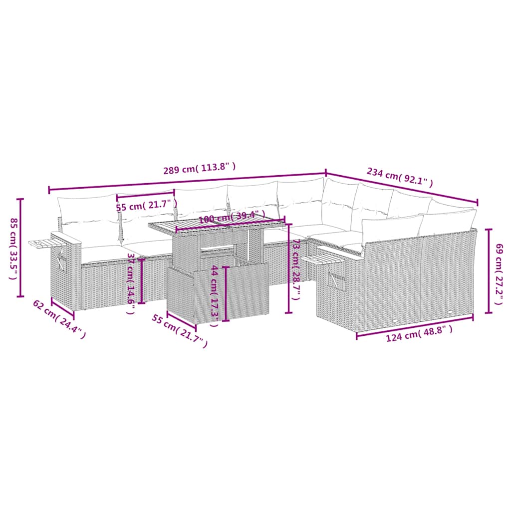 Set Divani da Giardino 10pz con Cuscini in Polyrattan Nero | homemem39
