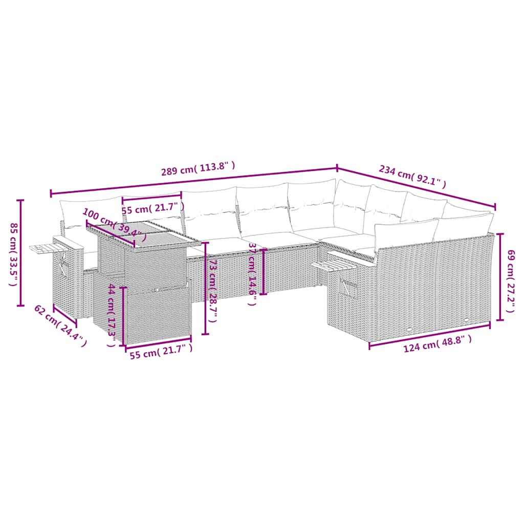 Set Divani da Giardino 10pz con Cuscini in Polyrattan Nero | homemem39