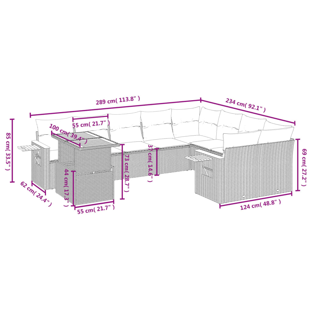 Set Divani da Giardino 10pz con Cuscini in Polyrattan Nero | homemem39