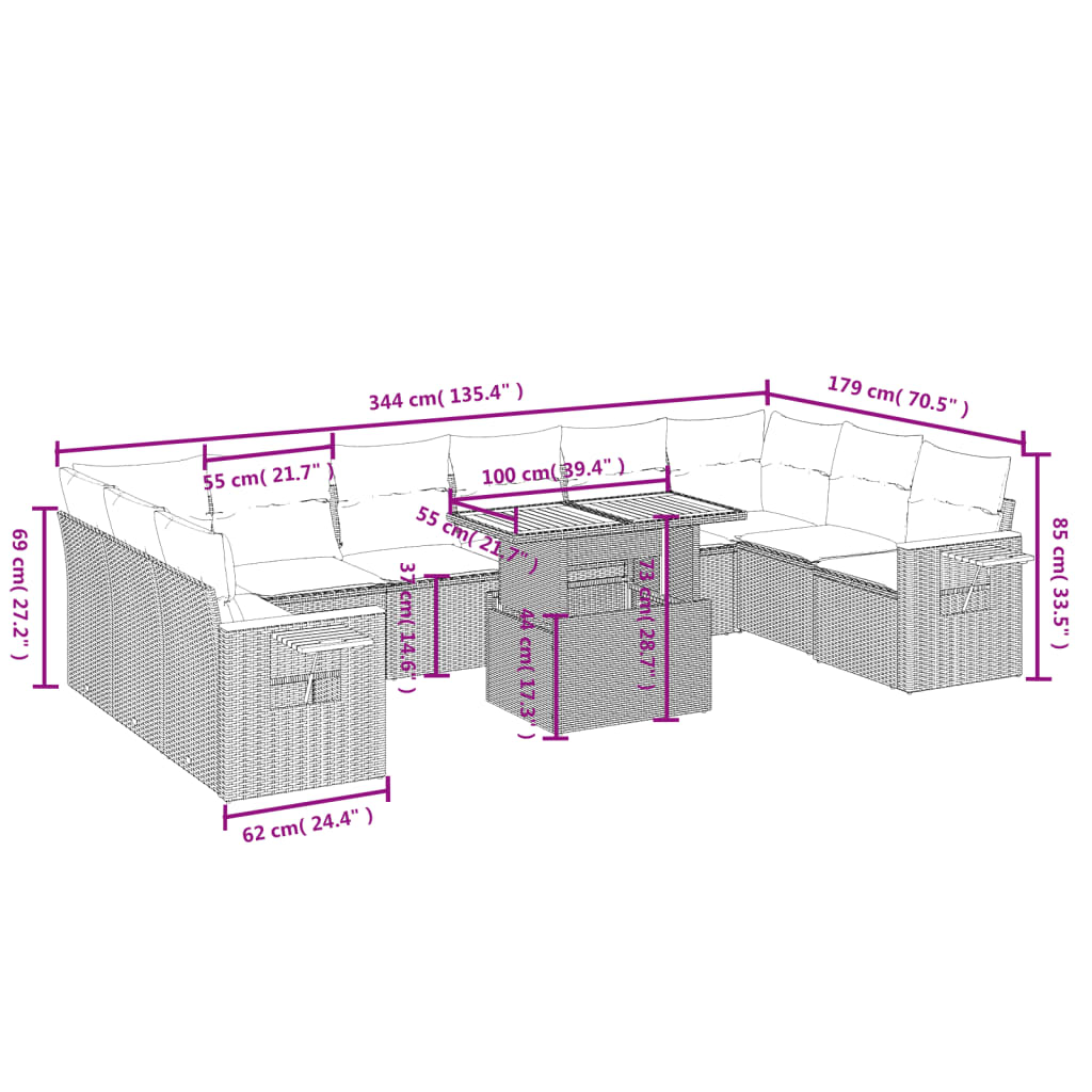 Set Divani da Giardino 11 pz con Cuscini in Polyrattan Grigio | homemem39