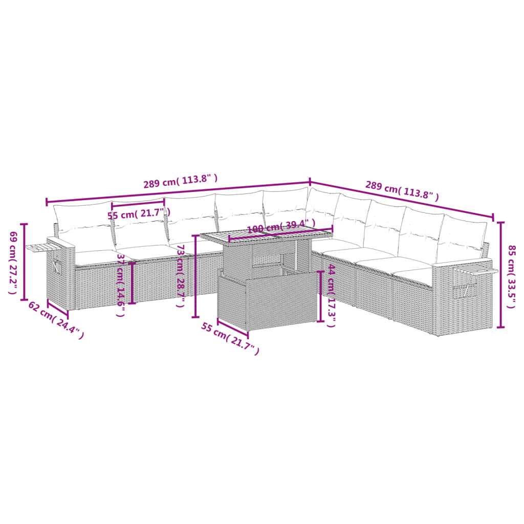 Set Divani da Giardino 11 pz con Cuscini in Polyrattan Grigio | homemem39
