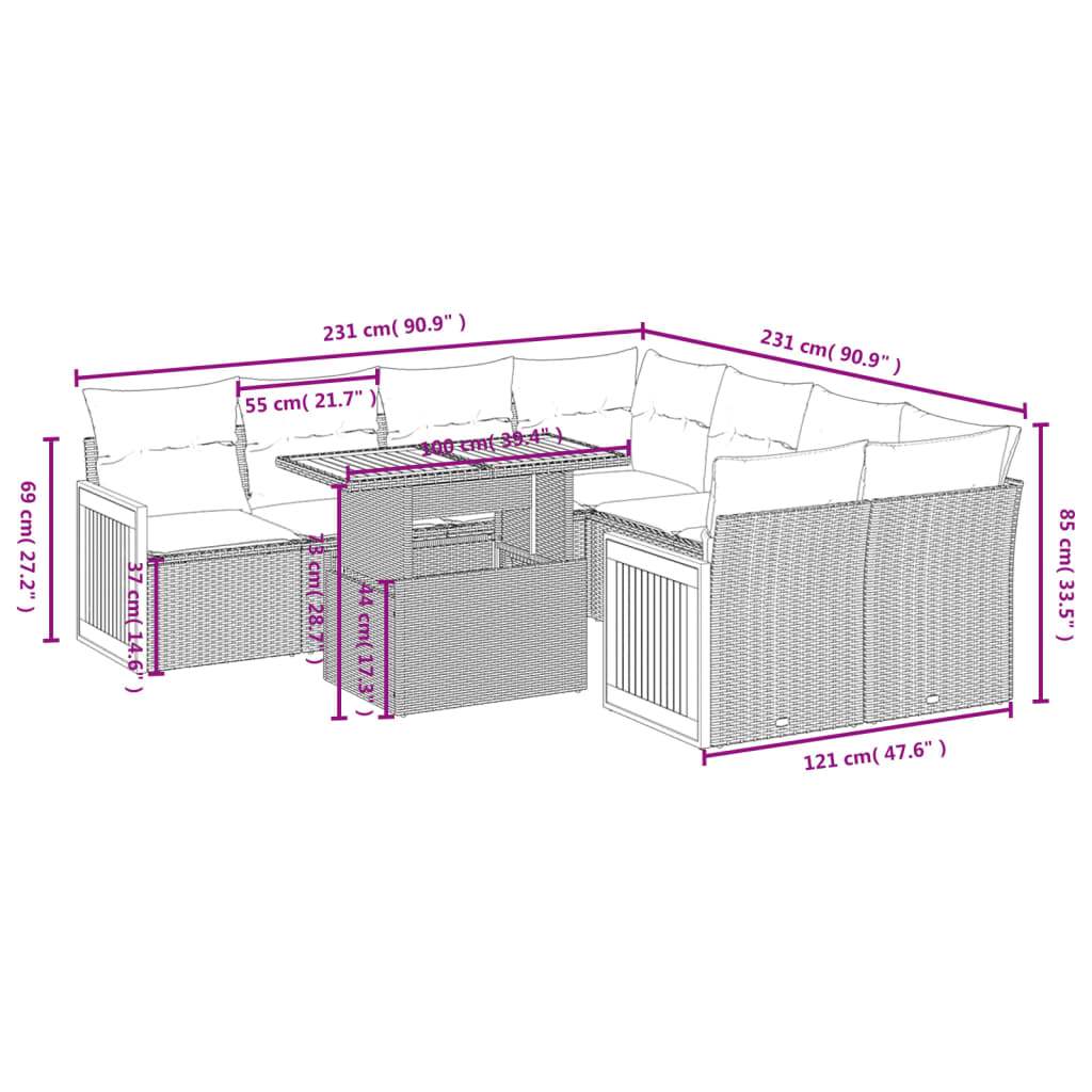 Set Divano da Giardino 9 pz con Cuscini Grigio in Polyrattan | homemem39