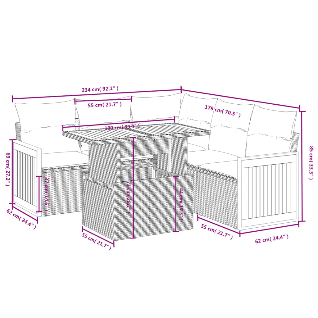 Set Divano da Giardino 6 pz con Cuscini Nero in Polyrattan | homemem39