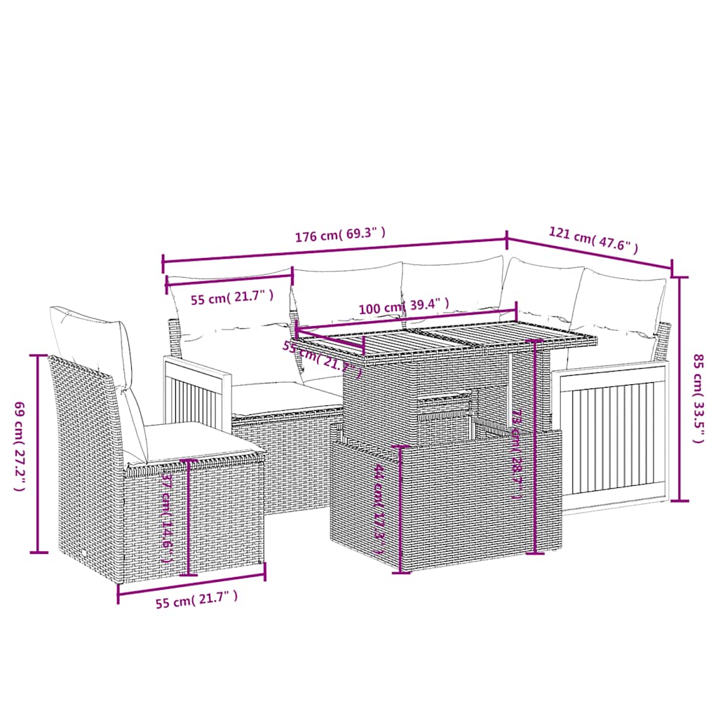 Set Divano da Giardino 6 pz con Cuscini Nero in Polyrattan | homemem39
