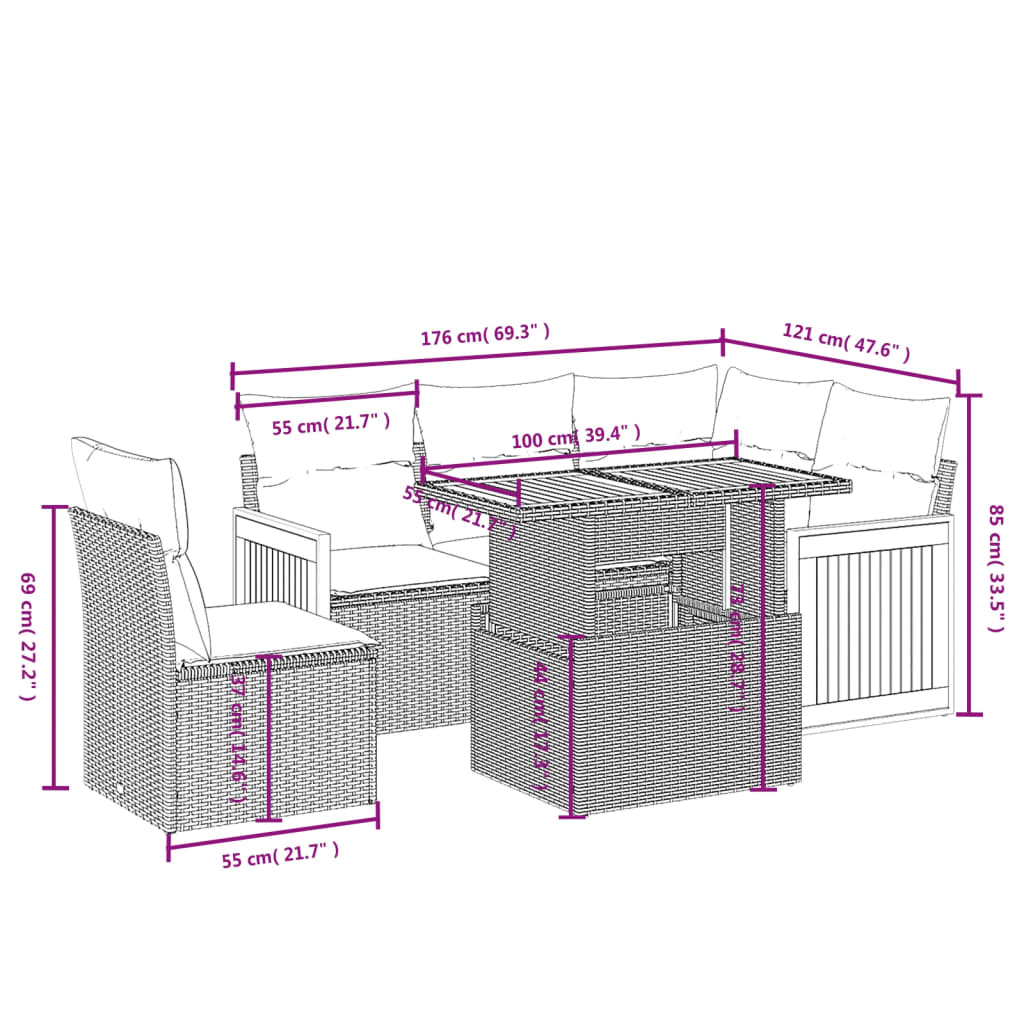 Set Divano da Giardino 6 pz con Cuscini Nero in Polyrattan | homemem39