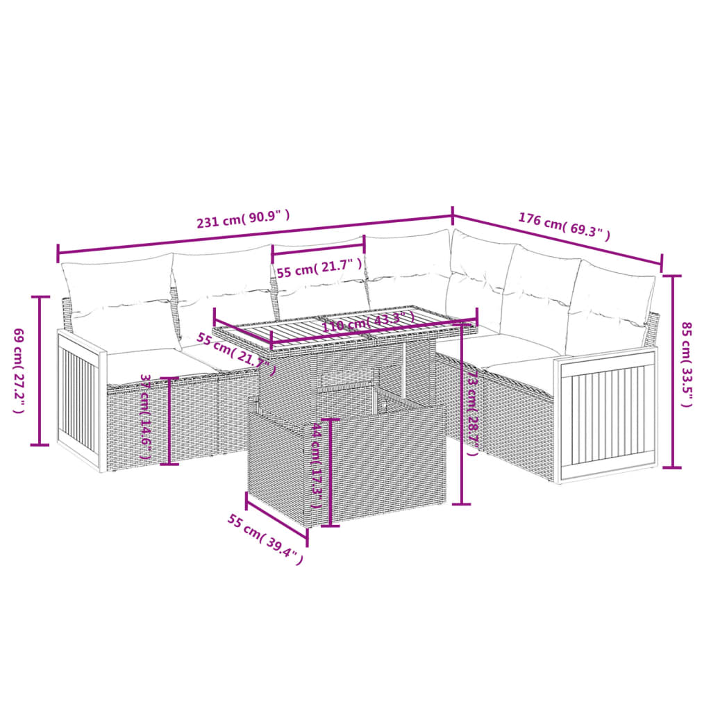 Set Divani da Giardino 7 pz con Cuscini Grigio in Polyrattan | homemem39