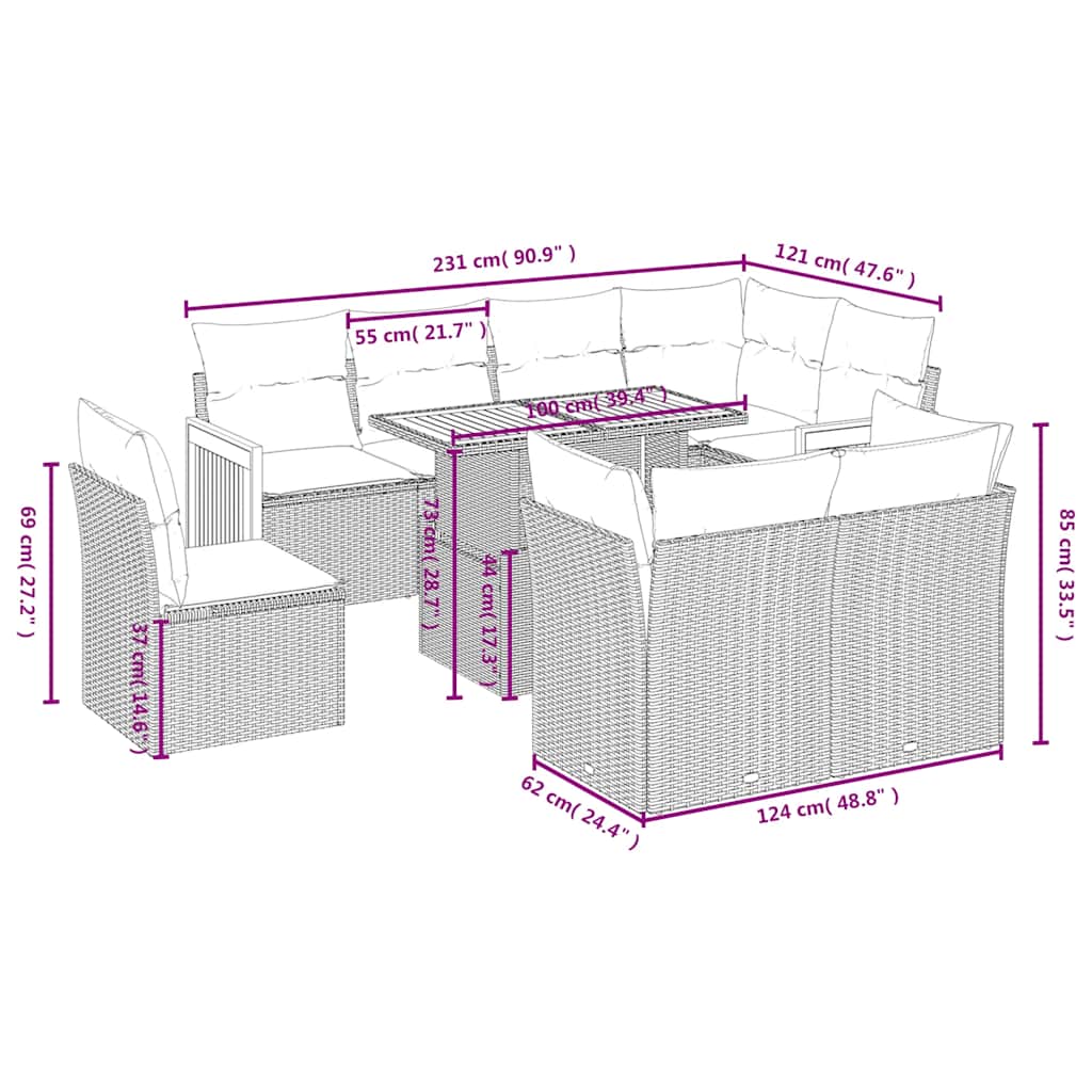 Set Divani da Giardino 9 pz con Cuscini Nero in Polyrattan | homemem39