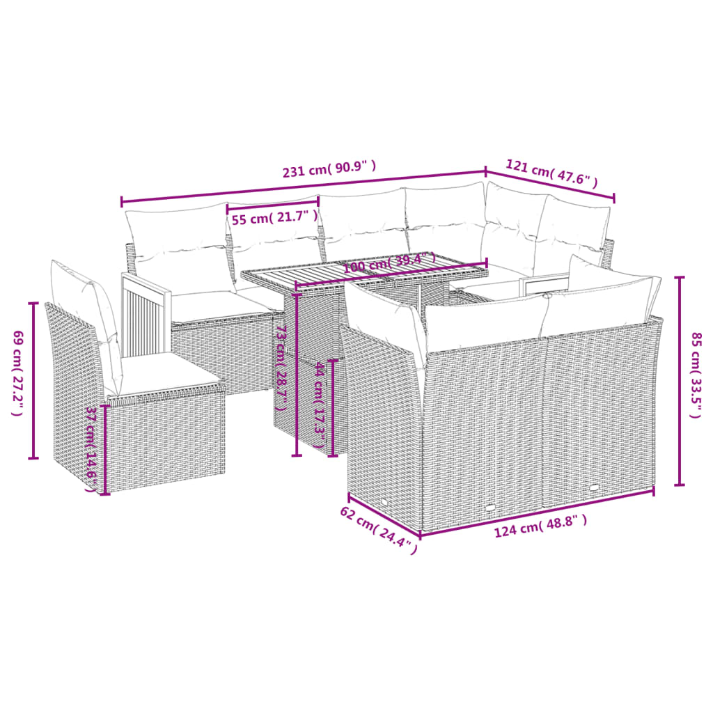 Set Divani da Giardino 9 pz con Cuscini Nero in Polyrattan | homemem39