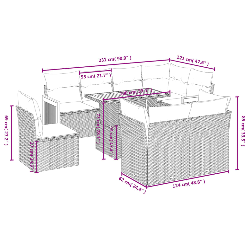 Set Divano da Giardino 9 pz con Cuscini Grigio in Polyrattan | homemem39