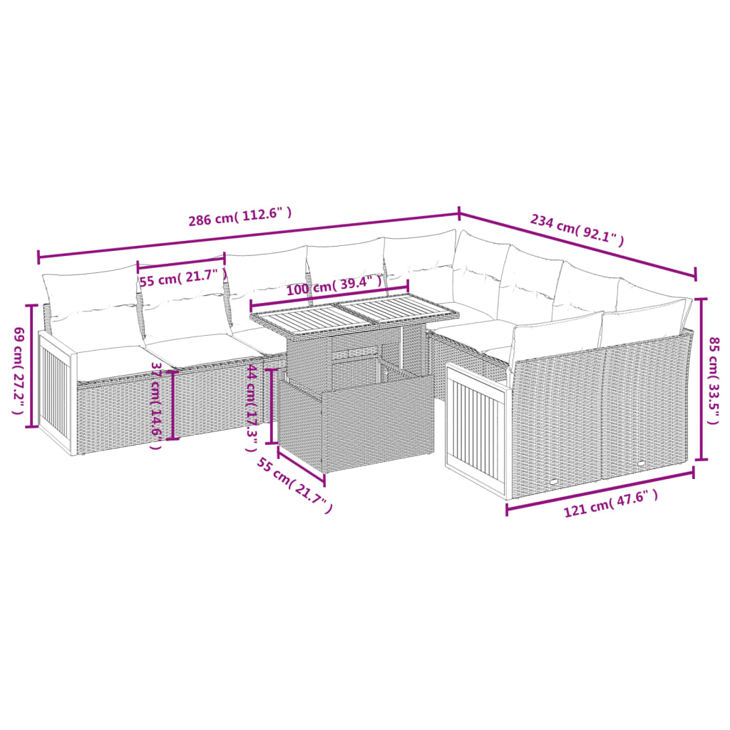 Set Divano da Giardino 10 pz con Cuscini Beige in Polyrattan | homemem39
