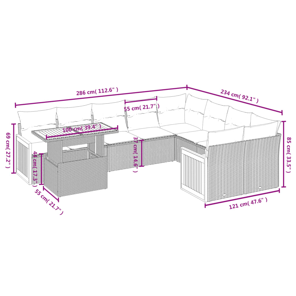 Set Divani da Giardino 10pz con Cuscini in Polyrattan Nero | homemem39