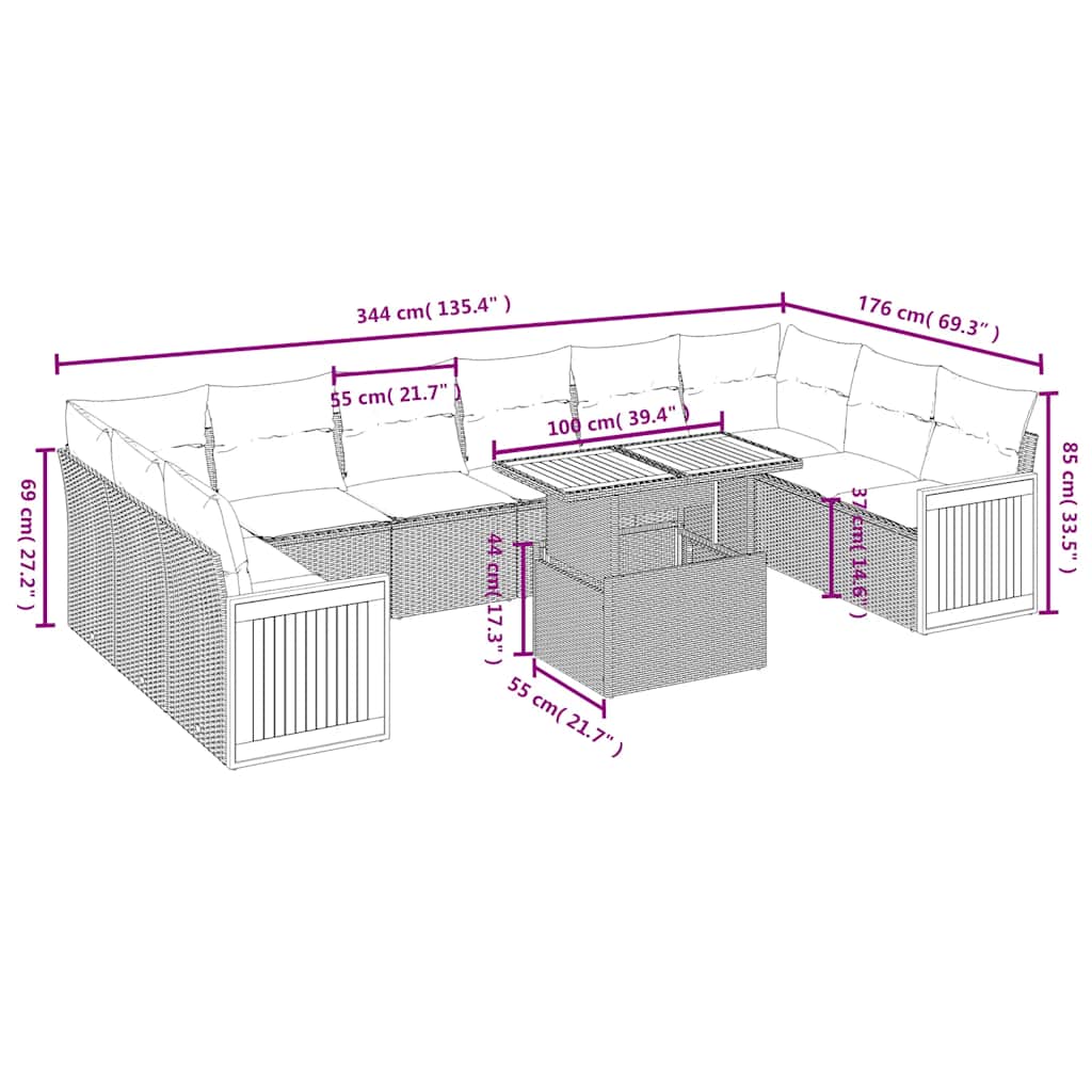 Set Divani da Giardino 11 pz con Cuscini in Polyrattan Nero | homemem39