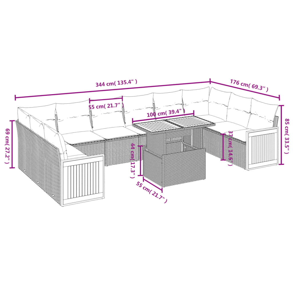 Set Divani da Giardino 11 pz con Cuscini in Polyrattan Nero | homemem39
