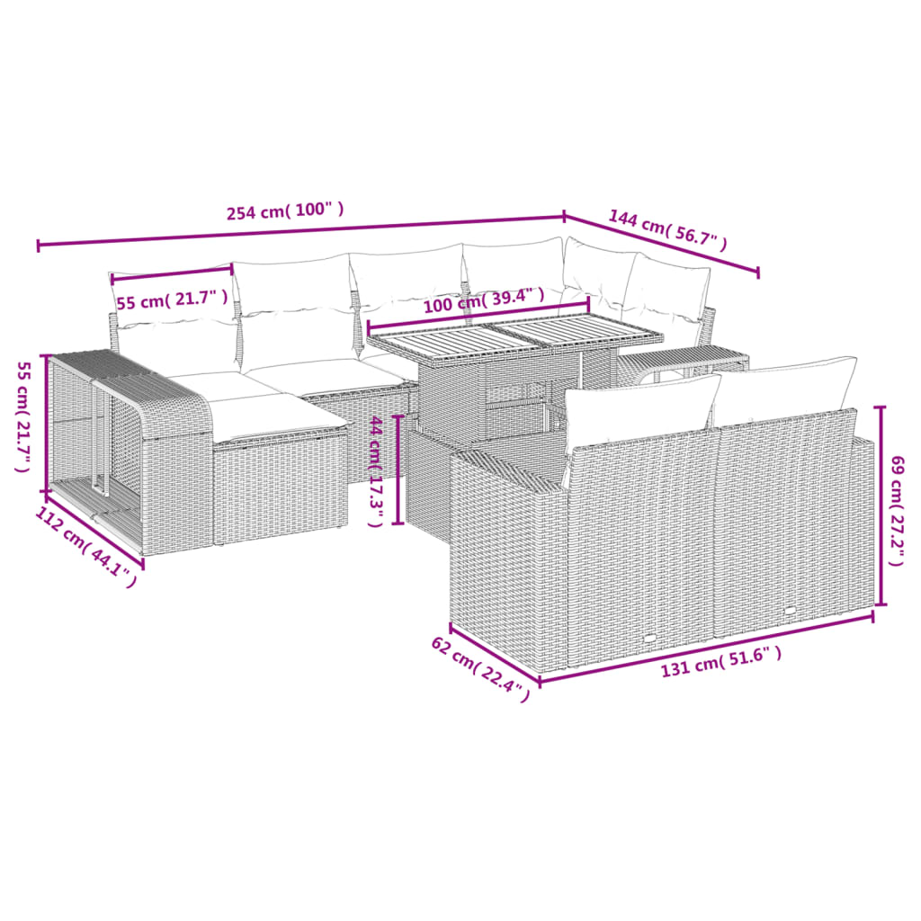 Set Divani da Giardino 11 pz con Cuscini in Polyrattan Nero | homemem39