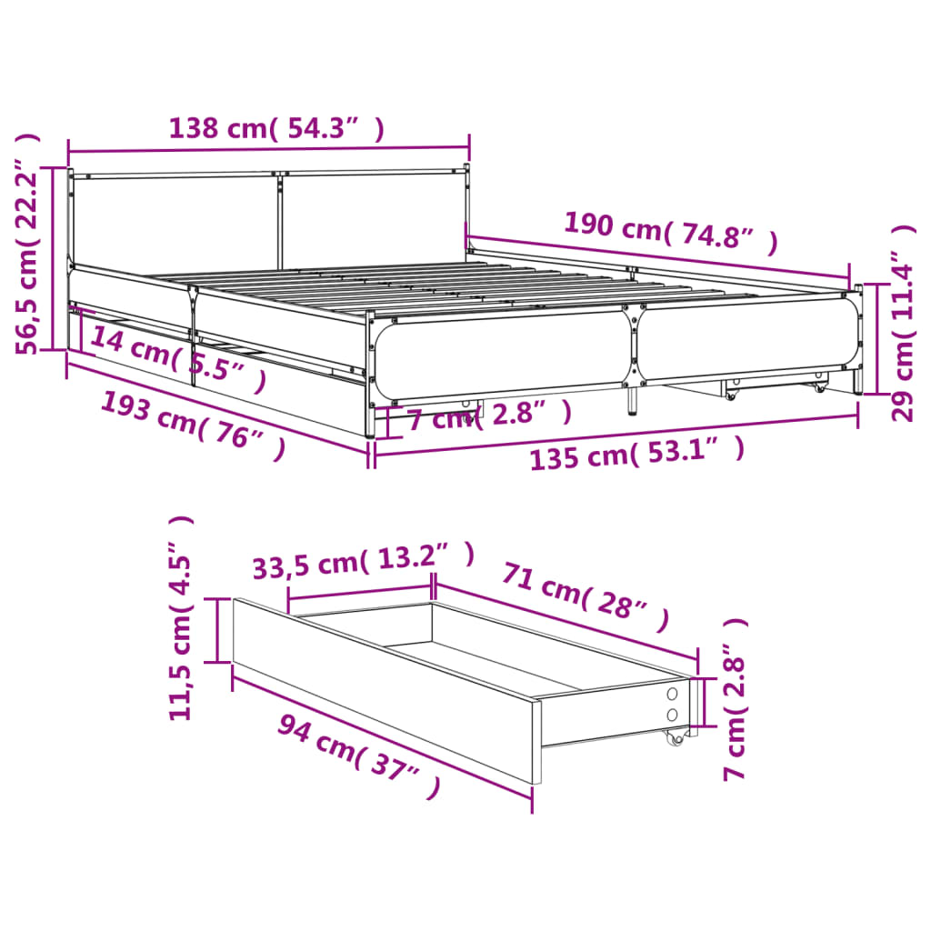 Giroletto con Cassetti Rovere Fumo 135x190 cm Legno Multistrato | homemem39