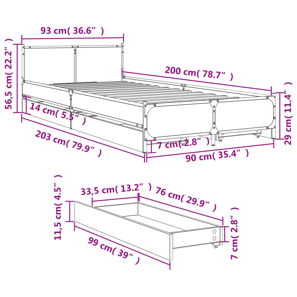 Giroletto con Cassetti Nero 90x200 cm in Legno Multistrato | homemem39