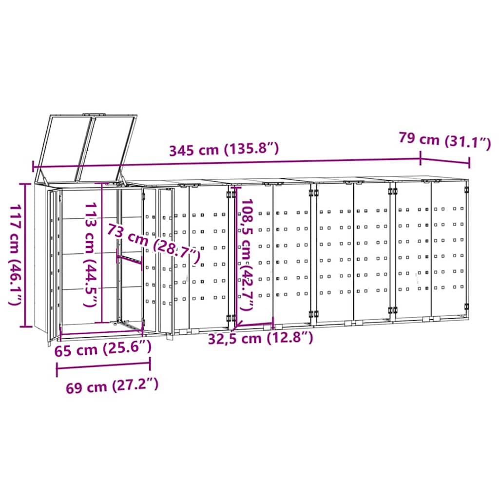 Copribidone con Ruote per 5 Bidoni Nera 345x79x117cm in Acciaio - homemem39